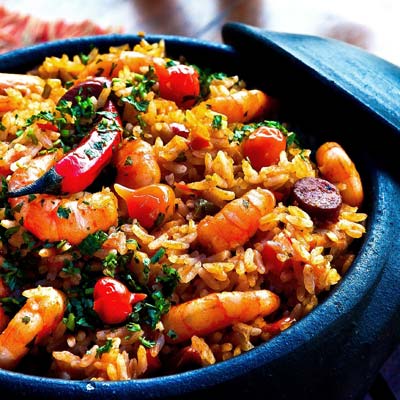 Dish of rice, peppers and shirmp
