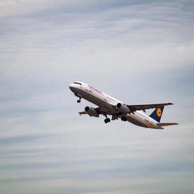 A commercial airplane taking off