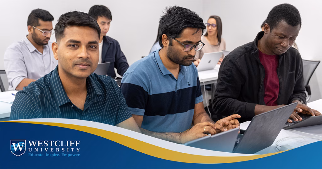 Cybersecurity SEO blog header image: diverse male students in the classroom